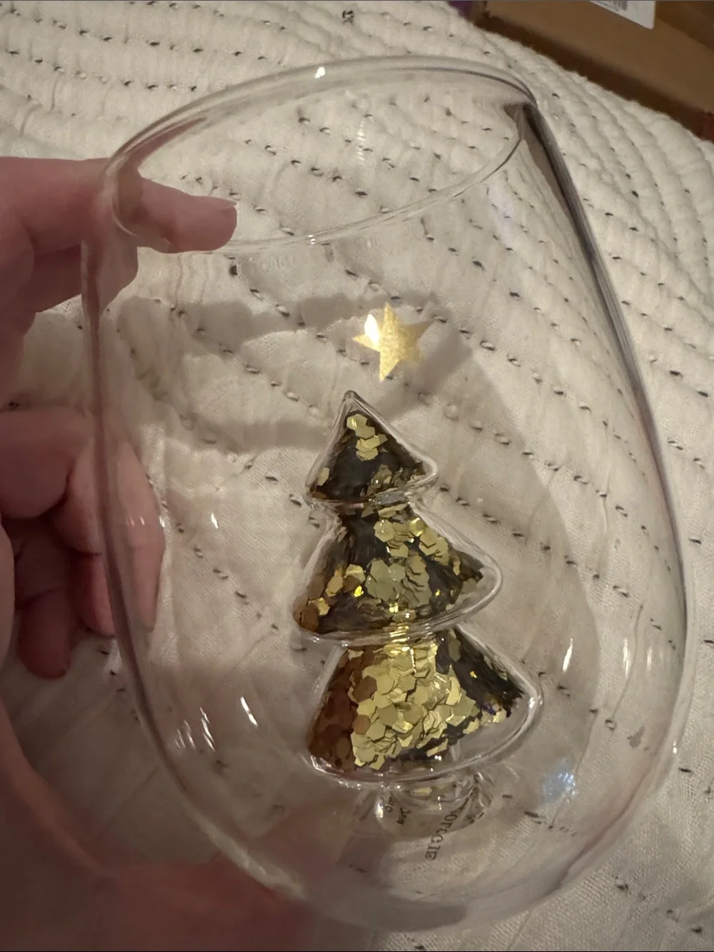 Anthropologie Yuletide stemless wine Glass with Gold Glitter Tree Accent
